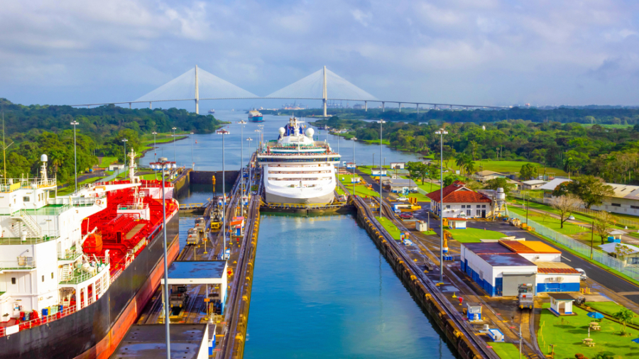 Several large ships pass through a canal lock surrounded by green landscape and buildings focused on warehouse safety, with a long cable-stayed bridge in the background under a partly cloudy sky. Roads and structures line both sides of the canal.