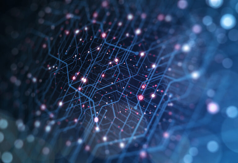 A digital abstract image of a neural network, featuring interconnected glowing nodes and blue lines forming a complex web against a dark background, evokes the complexity of Microsoft Application Management systems.