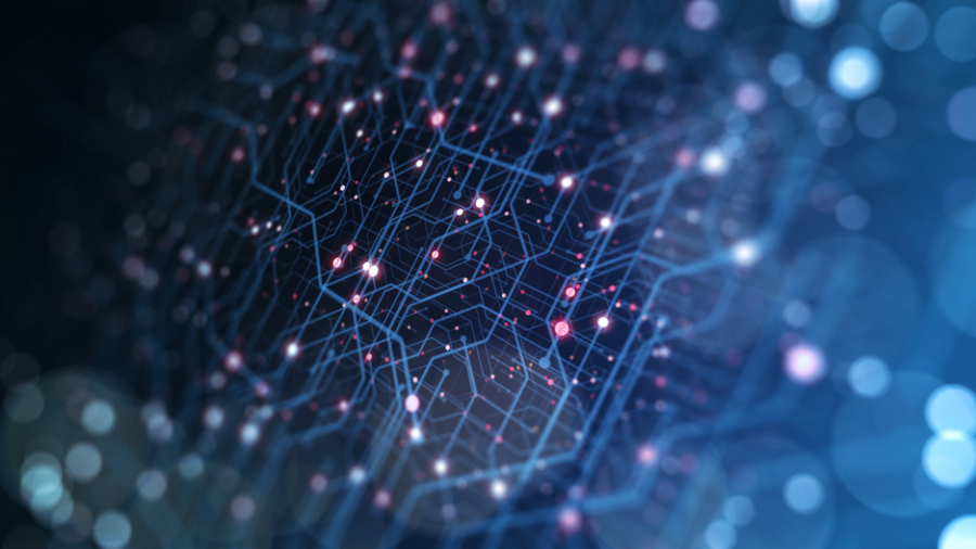 A digital abstract image of a neural network, featuring interconnected glowing nodes and blue lines forming a complex web against a dark background, evokes the complexity of Microsoft Application Management systems.