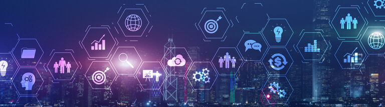 Digital icons representing business, technology, and communication overlay a city skyline at night, symbolizing digital transformation and futuristic innovation powered by Microsoft ERP solutions.
