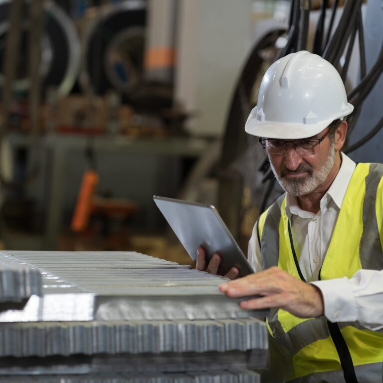 An older man wearing a white hard hat, glasses, and a yellow safety vest inspects metal sheets in a factory while holding a tablet. Industrial equipment is visible in the background.