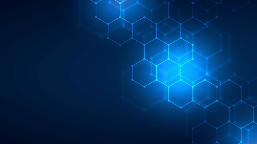 Abstract blue background with glowing hexagonal shapes connected in a honeycomb pattern, creating a modern, futuristic, and technological design effect inspired by Microsoft Business Solutions.
