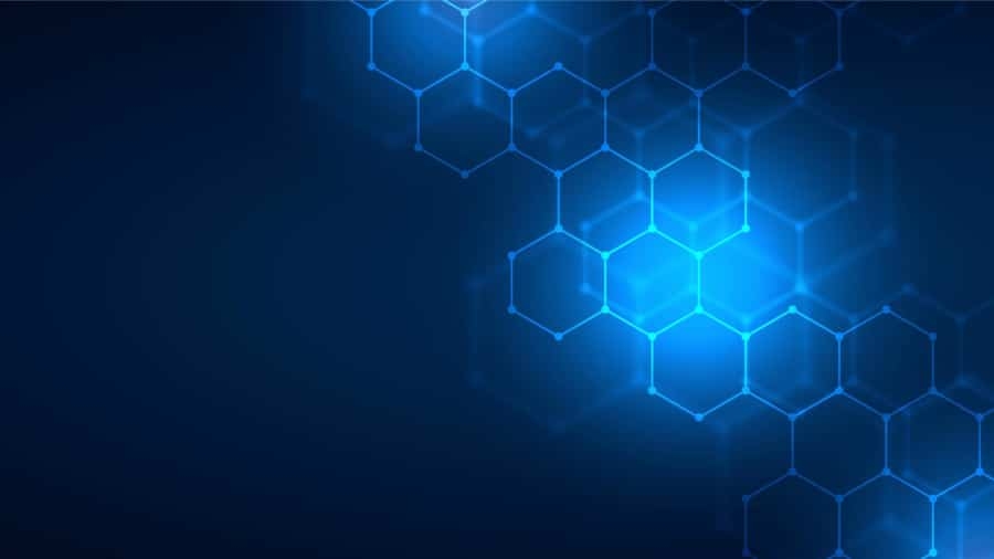 Blue glowing hexagonal grid pattern on a dark background, creating a futuristic and technological abstract design with bright interconnected lines and shapes, reminiscent of innovative Microsoft Business Solutions.
