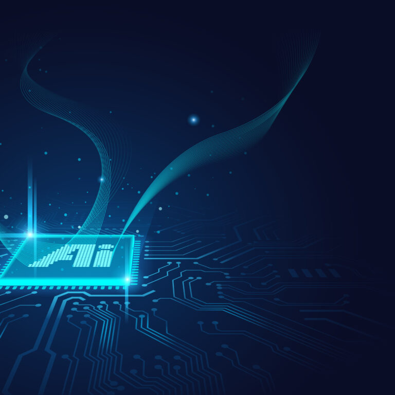 A glowing AI microchip emitting blue light and digital waves sits on a dark circuit board background, symbolizing artificial intelligence technology and the innovation behind Copilot Readiness Workshop.