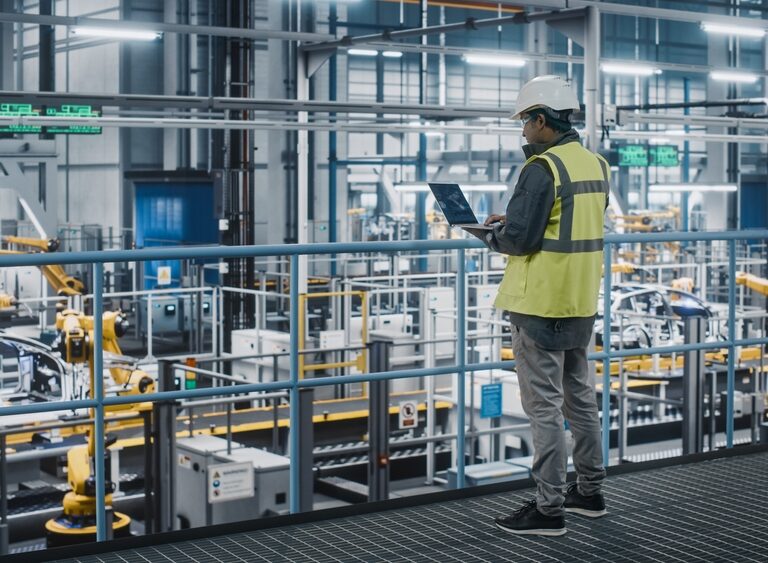 A worker in a safety vest and helmet stands on a platform, using a laptop with WMS software while overlooking an automated factory floor filled with robotic arms and industrial machinery.