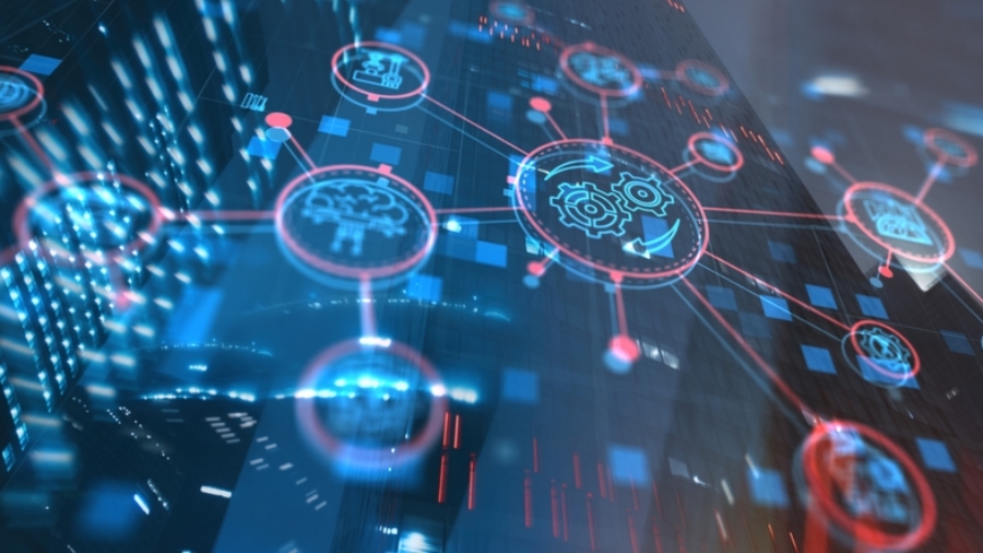 A digital interface featuring interconnected technology icons, such as gears and cloud symbols, overlays a blurred cityscape of tall buildings, symbolizing modern technology, network connectivity, and supply chain automation.