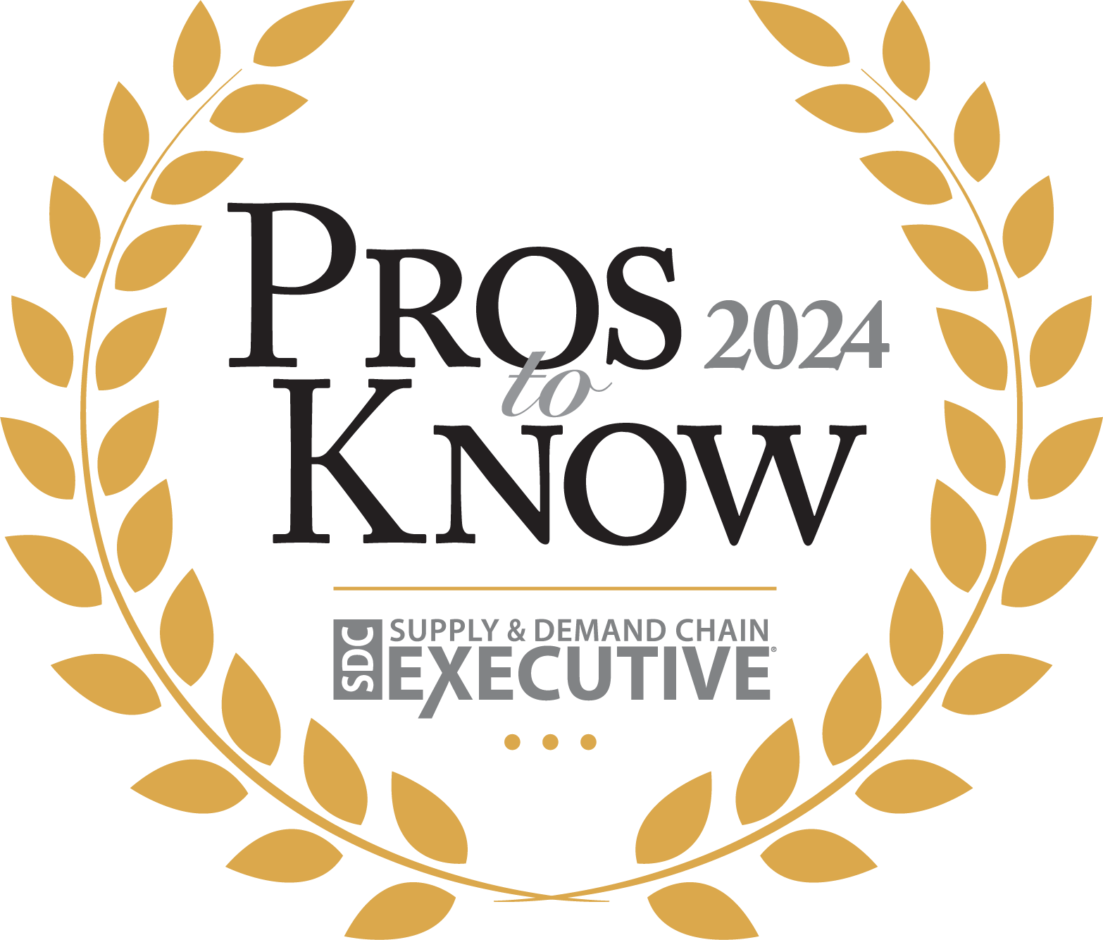 Gold laurel wreath surrounding the text Pros to Know 2024 and SDC Supply & Demand Chain Executive logo, representing an award or recognition for supply chain professionals.
