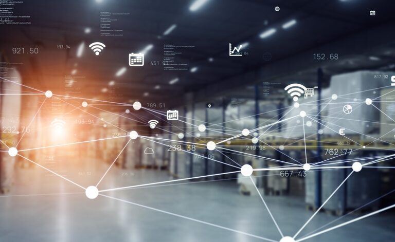 A modern warehouse filled with shelves and boxes is overlaid with digital icons and lines, representing connectivity and technology in logistics and supply chain management.