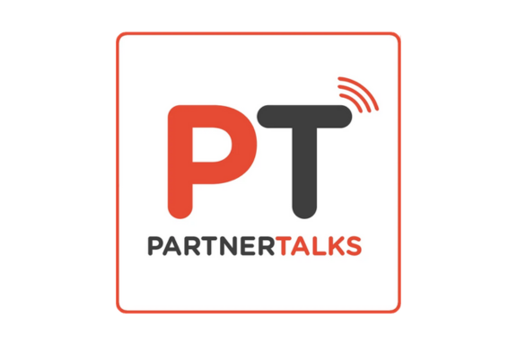 Logo with large letters PT, where P is red and T is black with red sound waves above it. Below, PARTNER is in black and TALKS is in red. All text is inside a red-outlined square.