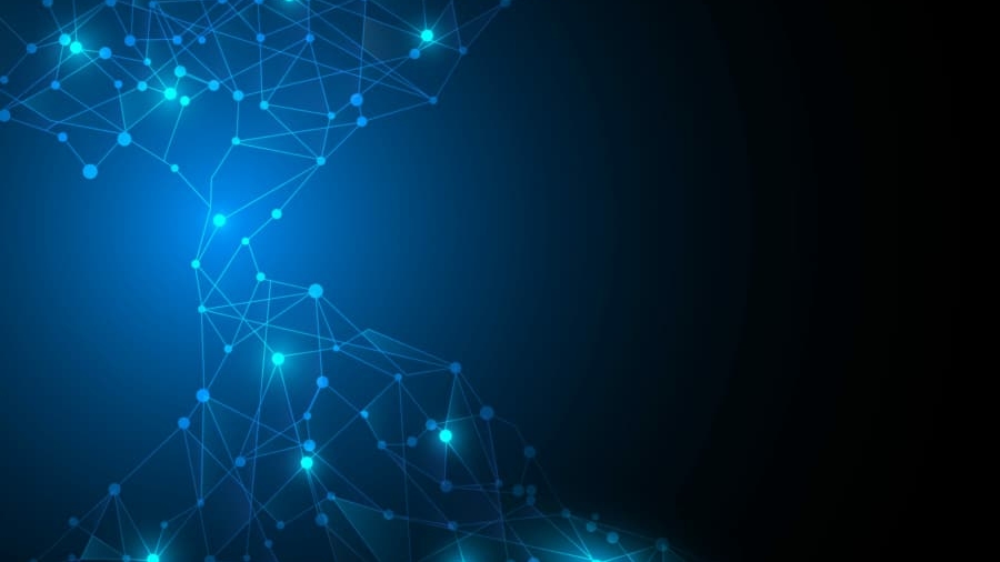 Abstract image of interconnected blue glowing dots and lines forming a network pattern on a dark background, with a bright central glow and a gradual fade to black on the right side.