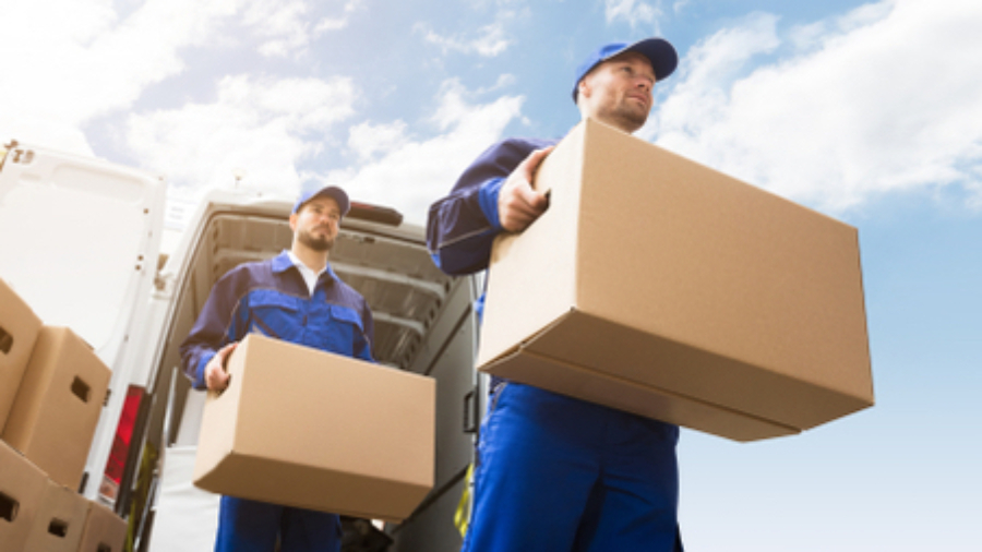 Two workers in blue uniforms carry cardboard boxes from a white van on a sunny day, with a clear blue sky and scattered clouds in the background.