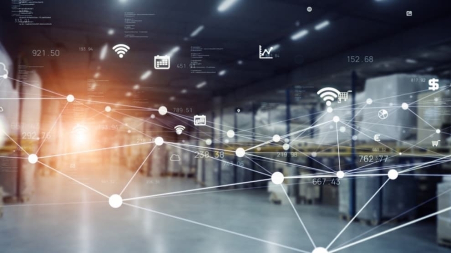 A warehouse with blurred shelves and boxes, overlaid with digital network connections and technology icons, symbolizing automation, data flow, and smart logistics.