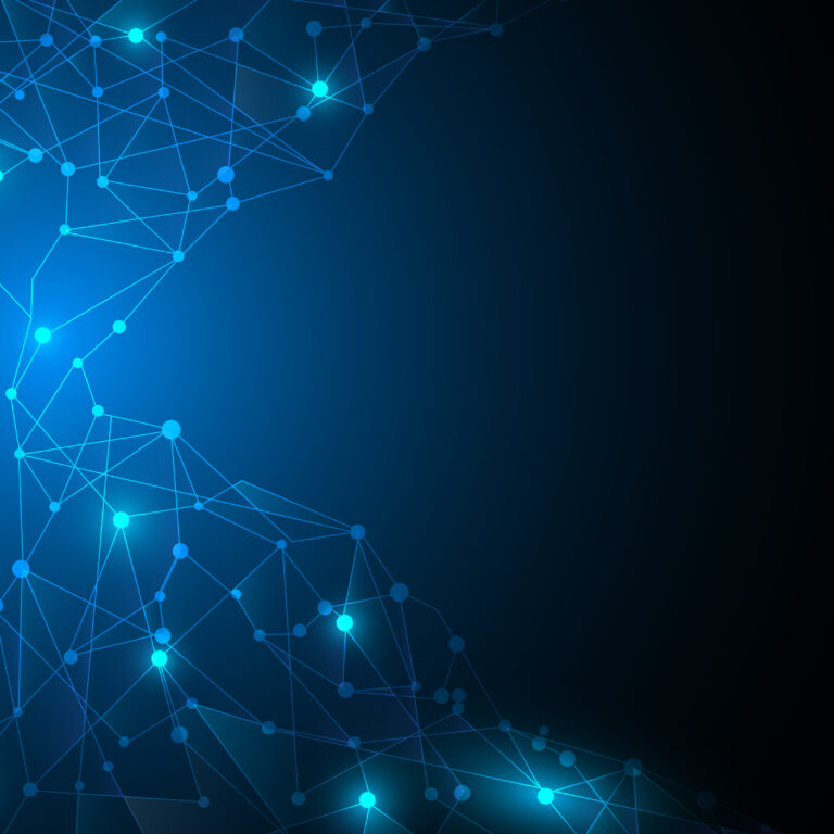 Abstract blue network of interconnected glowing dots and lines on a dark background, forming a dynamic, web-like pattern with a bright light source in the left-center.