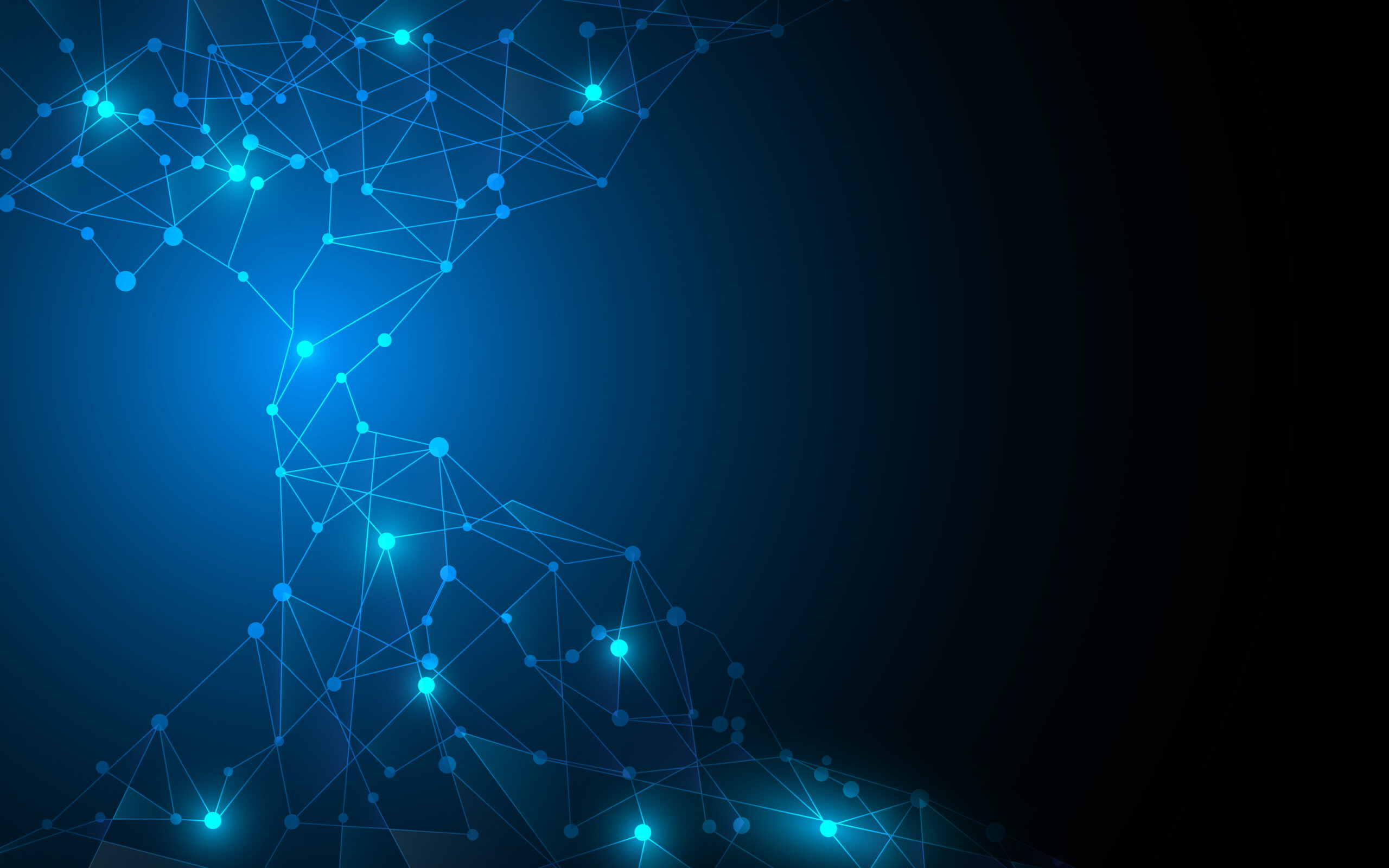 Abstract blue network of interconnected glowing dots and lines on a dark background, forming a dynamic, web-like pattern with a bright light source in the left-center.