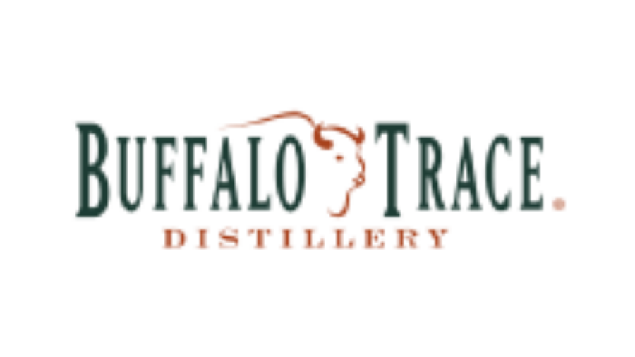 Buffalo Trace Distillery logo with the words Buffalo Trace in dark green and Distillery in orange below, featuring an outline of a buffalos head above the text.