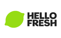 HelloFresh logo featuring a bright green lemon icon to the left of the bold, black text HELLO FRESH on a light gray background, representing fresh meal options powered by smart technology solutions.
