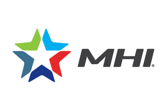 A five-pointed star made of blue, green, and red segments is next to bold, gray letters reading MHI on a white background.