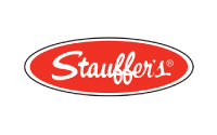 Stauffer’s logo featuring the brand name in white script on a red oval background.