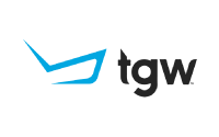 A stylized blue checkmark-like shape is next to the lowercase black letters tgw on a light gray background.