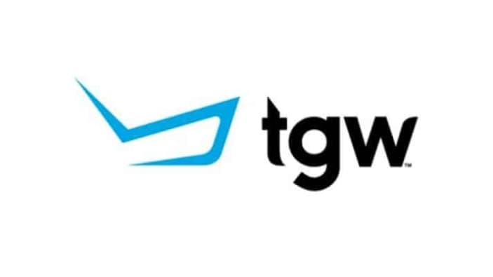 Blue abstract checkmark-like logo next to bold black lowercase letters tgw on a white background.