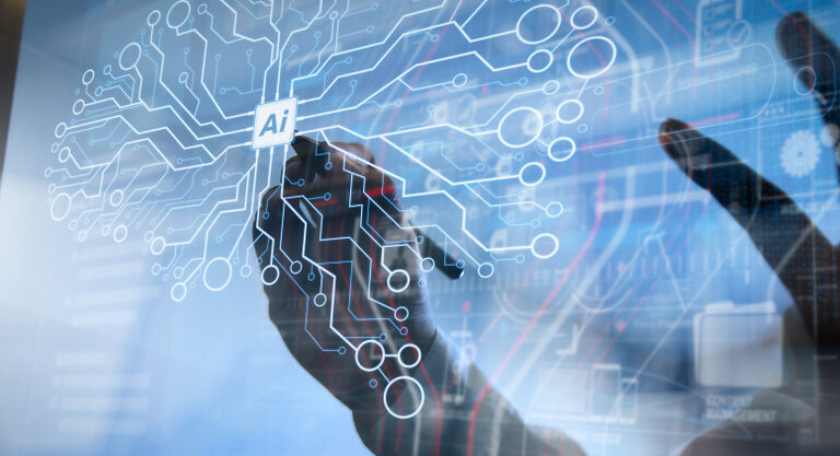 A hand draws a digital circuit diagram with Logistics AI at the center on a transparent screen, symbolizing artificial intelligence technology, with futuristic graphs and data overlays in the background.