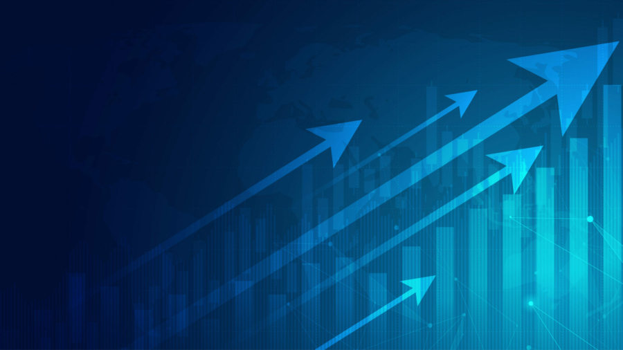 Blue arrows pointing upward over a bar graph, symbolizing growth and progress, with a world map faintly visible in the background.
