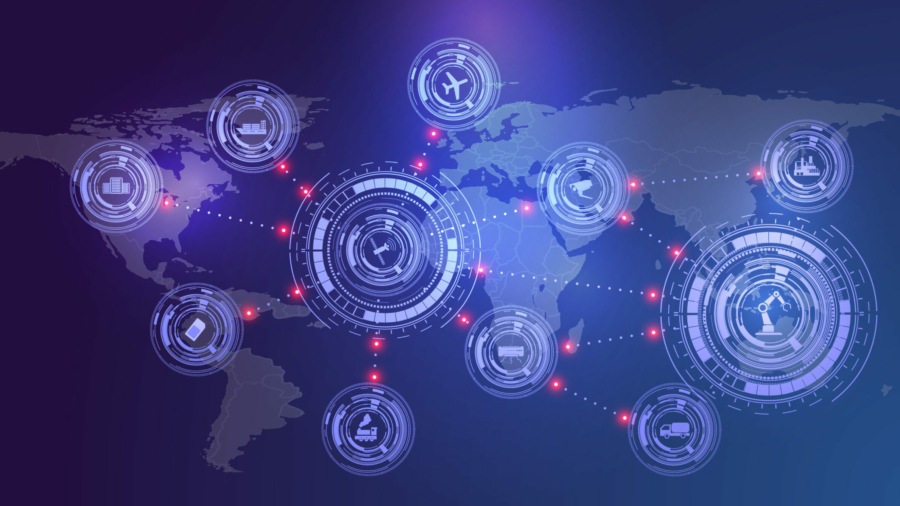 A digital world map with glowing, futuristic circular icons connected by dotted lines, representing artificial intelligence in supply chain and various industries like manufacturing, shipping, aviation, robotics, and logistics on a blue and purple background.