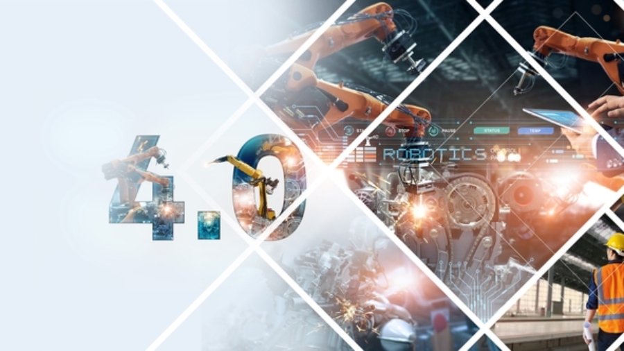 Collage of industrial robotics, engineers, and machinery with “4.0” text, symbolizing Industry 4.0, automation, and advanced technology in modern manufacturing environments.