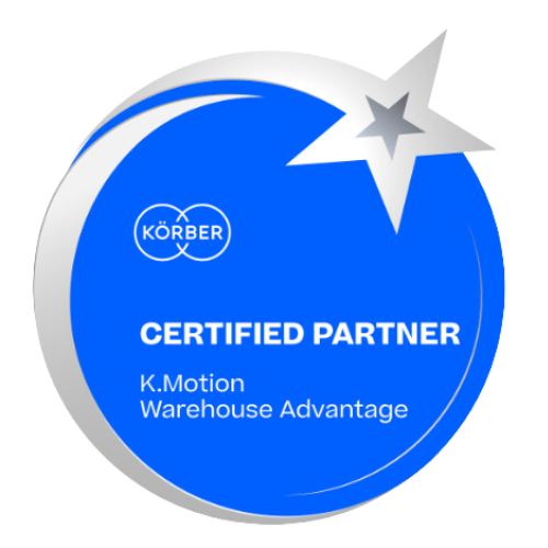 A blue circular badge with a silver star and the text: Körber Certified Partner. K.Motion Warehouse Advantage and körber wms in white letters. The Körber logo appears at the top left of the badge.