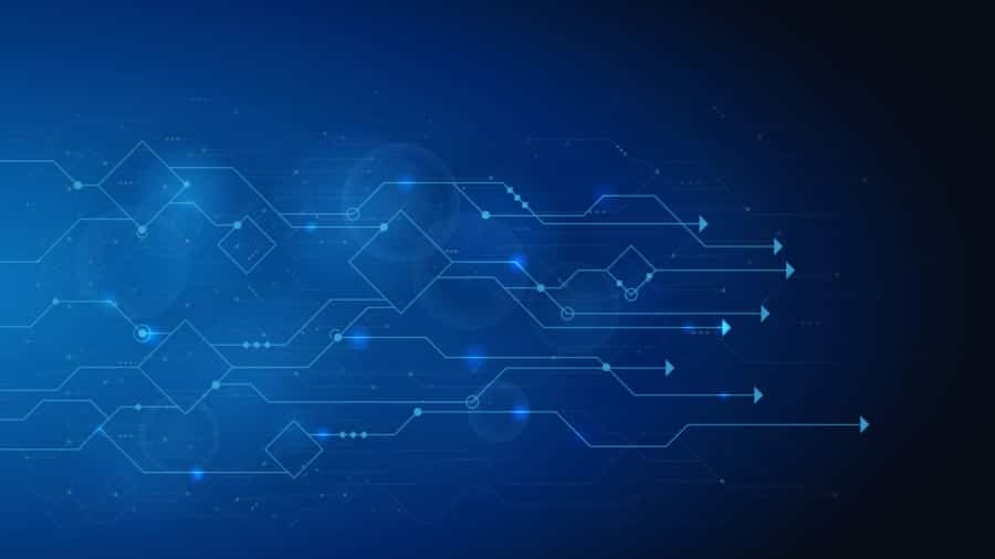Abstract blue technology background with interconnected lines, circuit-like paths, geometric shapes, and arrows pointing to the right, symbolizing digital data flow and futuristic innovation.