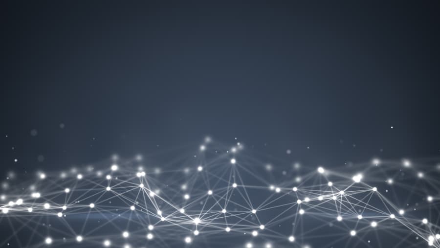 A dark background with interconnected white glowing dots and lines forms a network or web pattern, resembling a digital visualization with a zebra-inspired contrast of light and dark elements.