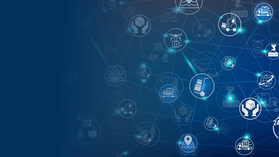 Abstract digital graphic with interconnected network icons on a blue background; icons represent shipping, logistics, artificial intelligence for supply chain, communication, and customer support, with a large ship icon prominently featured.