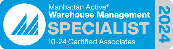 Blue and gray badge reading “Manhattan Active Warehouse Management Specialist, 10-24 Certified Associates” with a stylized “M” logo, “2024” vertically along the right edge, representing Manhattan WMS expertise.