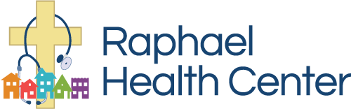 Logo for Raphael Health Center featuring a yellow cross with a stethoscope, colorful house icons at the base, and the center’s name in blue text to the right, highlighting trust—essential in healthcare and cybersecurity risk assessment.