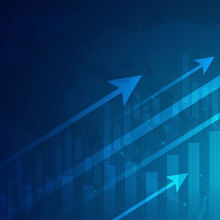 Blue arrows moving upward over bar graphs and digital lines, symbolizing growth and success in data, business, technology, or supply chain planning. Dark blue background features a subtle global map outline for an international feel.