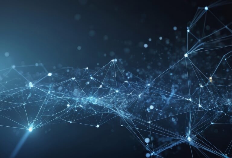 A digital network visualization with glowing blue nodes and connecting lines on a dark background, representing data, technology, or phenix-like connections.