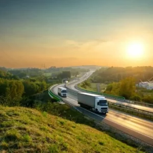 Two large trucks navigate a winding highway, showcasing the efficiency of the transportation system as they move through a green, hilly landscape at sunrise or sunset, with power lines tracing the road under the low sun.