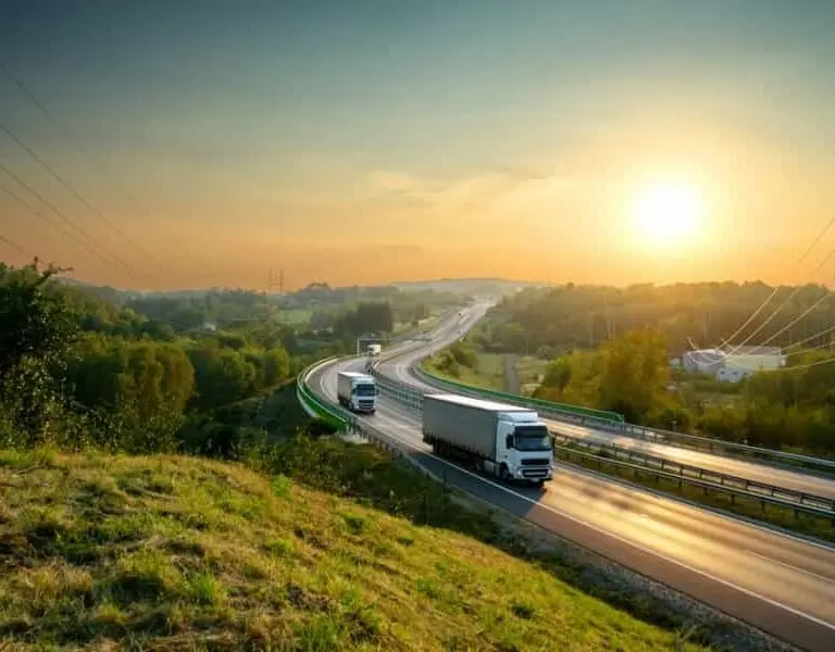Two large trucks navigate a winding highway, showcasing the efficiency of the transportation system as they move through a green, hilly landscape at sunrise or sunset, with power lines tracing the road under the low sun.