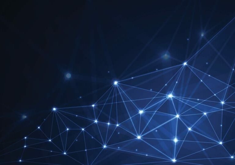 A dark blue abstract background with glowing points connected by thin lines, forming a network or web-like pattern representing digital connections or technology.