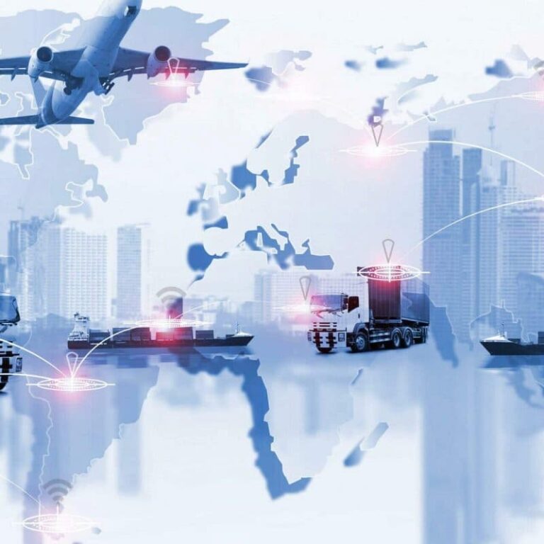 A world map with planes, ships, and trucks illustrating global supply chain logistics and transportation routes, with wireless network icons connecting various locations over cityscapes in the background.