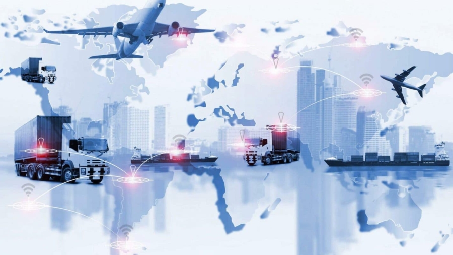 A world map with planes, ships, and trucks illustrating global supply chain logistics and transportation routes, with wireless network icons connecting various locations over cityscapes in the background.