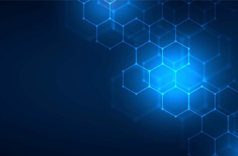 A digital abstract background featuring glowing blue hexagons interconnected on a dark blue gradient backdrop, creating a futuristic and high-tech appearance reminiscent of Microsoft’s innovative visual style.