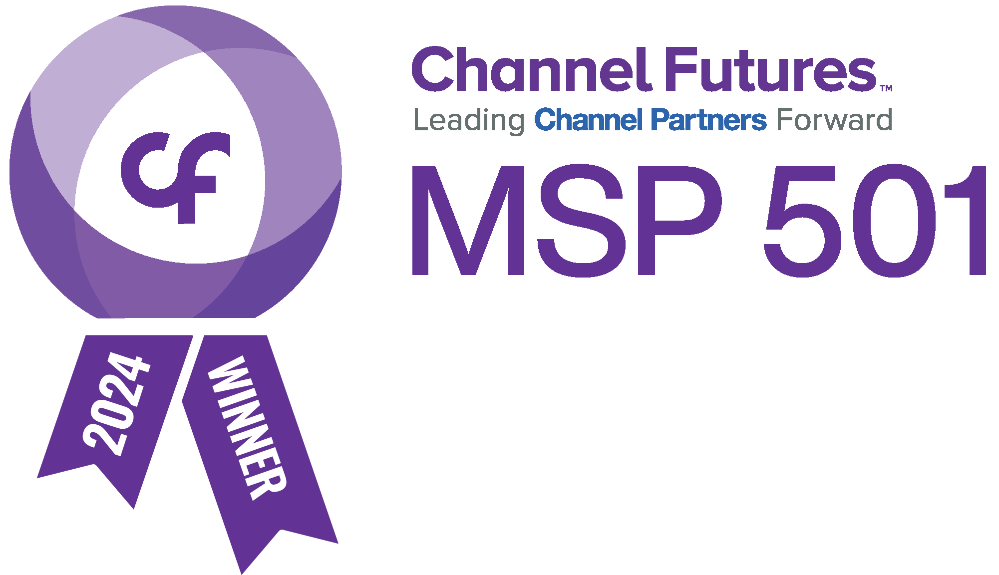 A purple ribbon labeled 2024 Winner and a logo with cf next to the text Channel Futures MSP 501, Leading Channel Partners Forward.