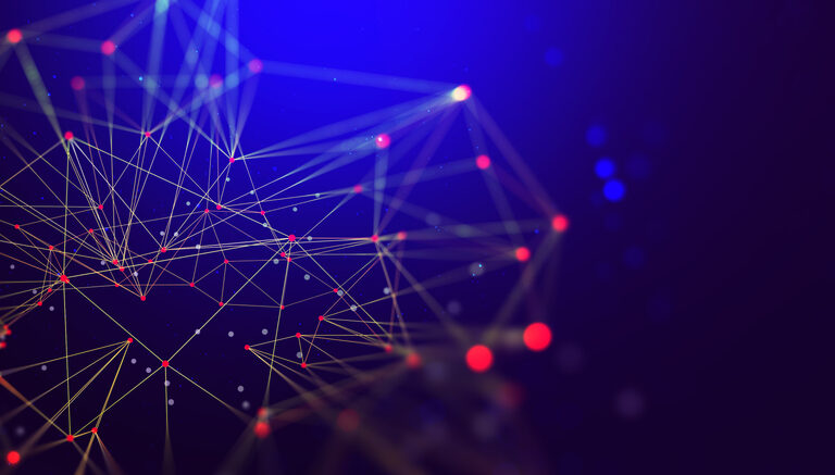 Abstract digital network with interconnected yellow and orange lines and dots against a dark blue background, evoking an ERP system's geometric, web-like structure with glowing points.