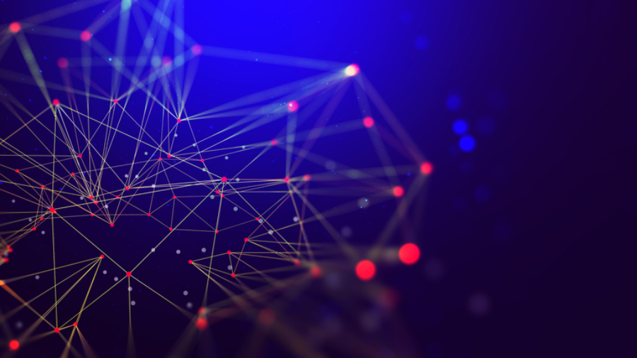 Abstract digital network with interconnected yellow and orange lines and dots against a dark blue background, evoking an ERP system's geometric, web-like structure with glowing points.