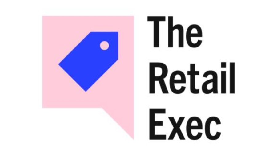 A blue price tag icon inside a pink speech bubble appears to the left of the black text The Retail Exec on a white background.