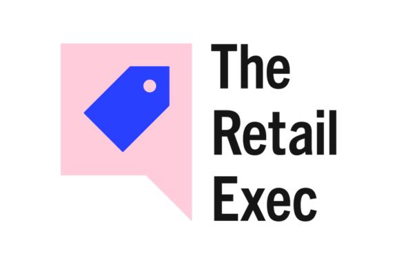 A blue price tag icon inside a pink speech bubble appears to the left of the black text The Retail Exec on a white background.