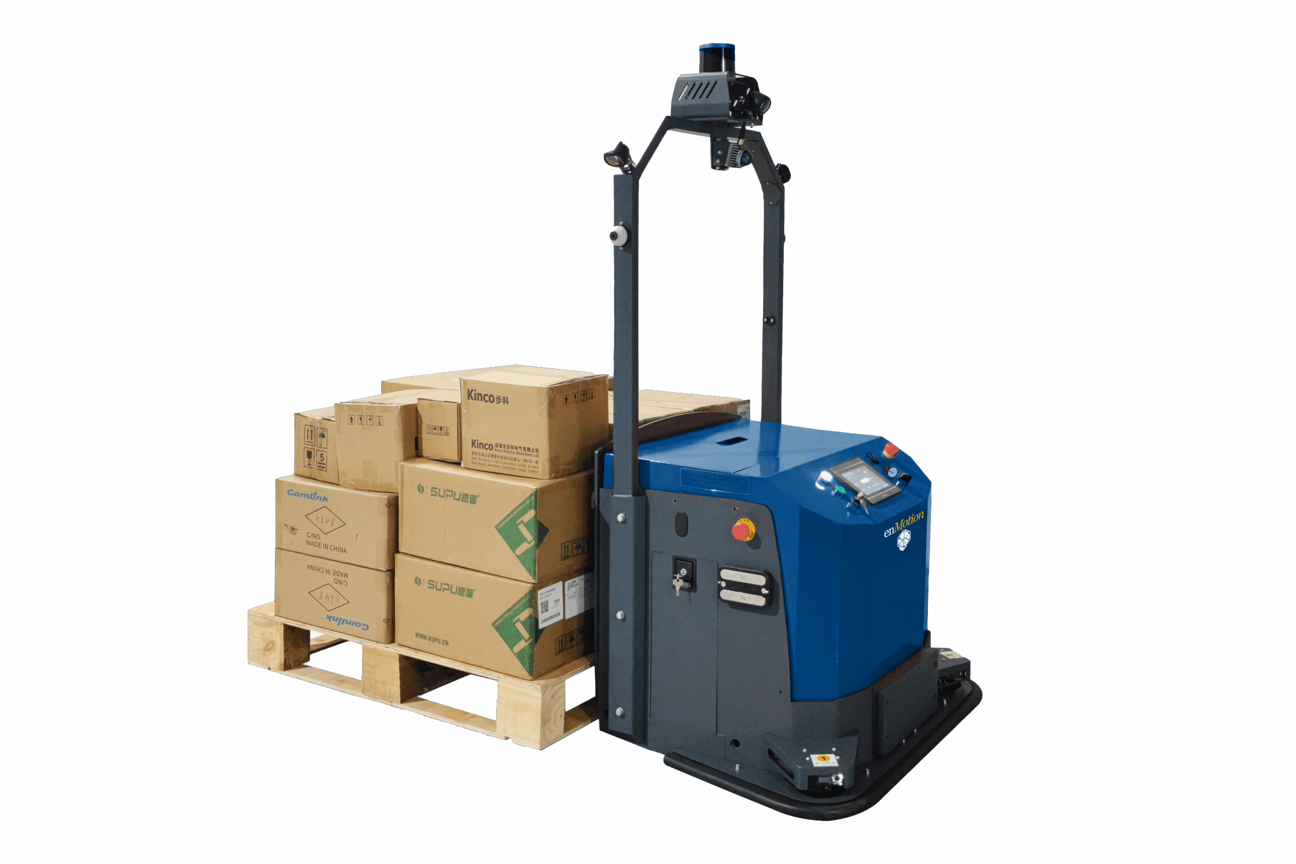 A blue automated guided vehicle (AGV) showcases material handling automation as it transports a wooden pallet stacked with various cardboard boxes against a plain white background.