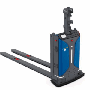 Automated guided vehicle (AGV) with blue and black body, long metal forks, control panel, and mounted sensors, designed for material handling and warehouse automation in a robust Robots as a Service (RaaS) model.