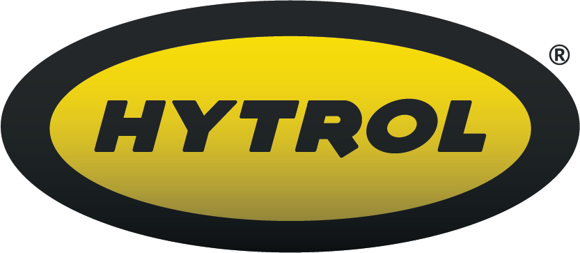 Hytrol logo featuring bold black text HYTROL centered on a yellow oval background with a black border, reflecting the brand's focus on material handling automation, and a registered trademark symbol in the upper right corner.